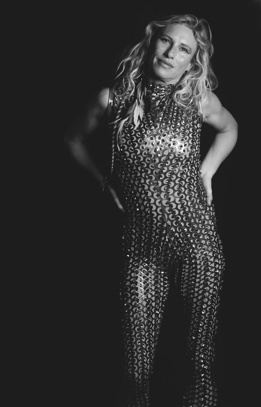 Black and white portrait of Meredith in a sequinned top