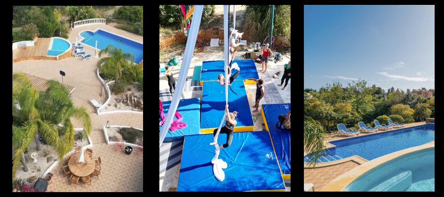 Aerial view of the House of Honey pool and outdoor training in the hexagonal studio