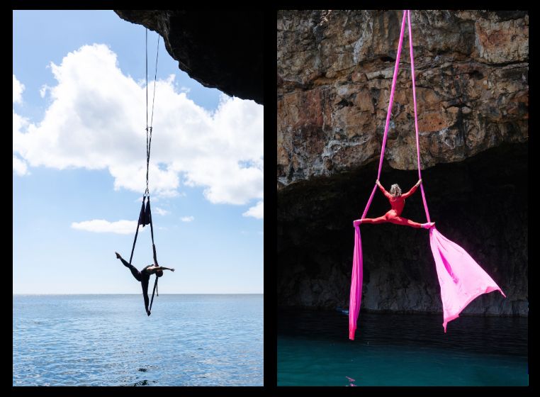 Aerial hammock suspended over the ocean in a wild sea cave along the Algarve coast