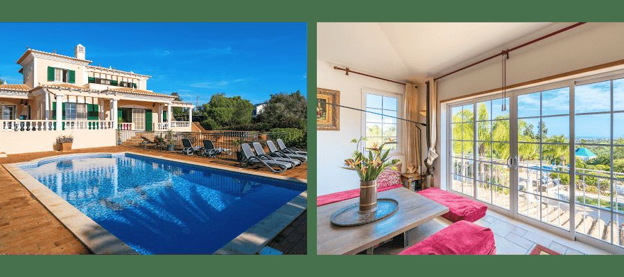 Villa exterior with heated pool, and a sitting room overlooking the Algarve coast
