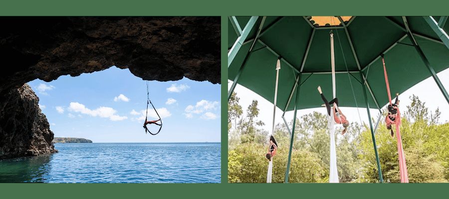 Outdoor hexagonal studio canopy with aerialists training, and a wild sea cave along the coast