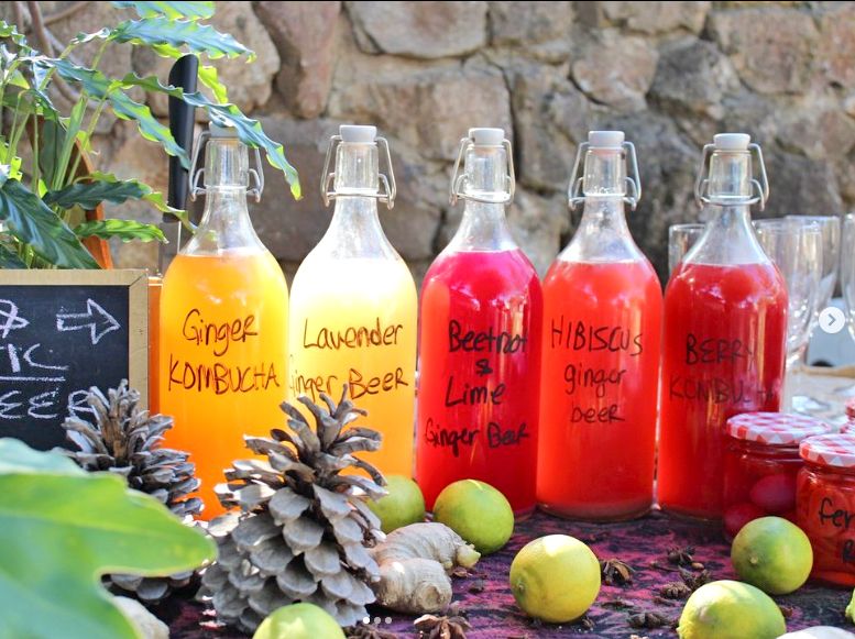 Bottles of homemade ginger beer and kombucha