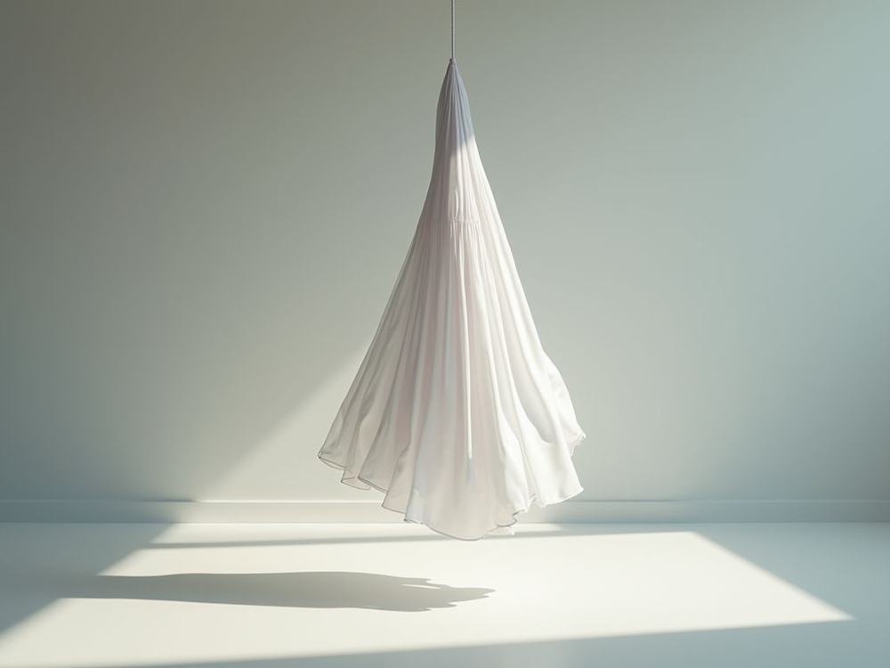 Eye-level view of a single aerial silk hanging in a spacious studio