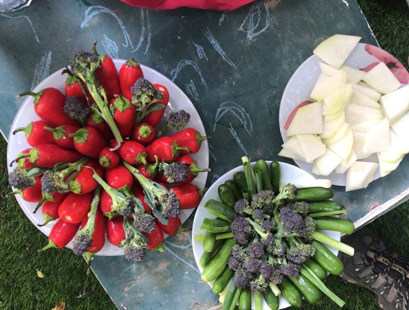 Plates of red peppers, broccoli and green beans