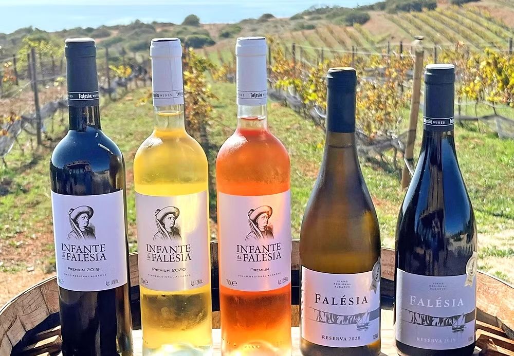 Bottles of local Falésia wine in front of a vineyard