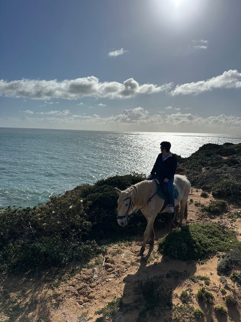 Rider on a white horse above the sea